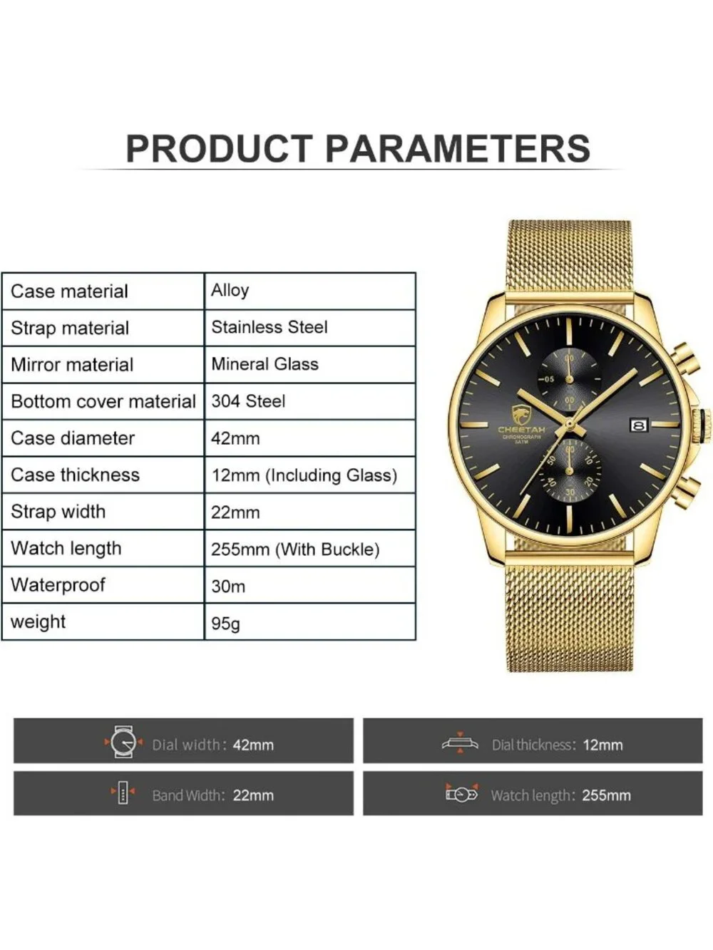 Men's Gold Black Mesh Stainless Steel Minimalist Quartz Analog Chronograph Watch